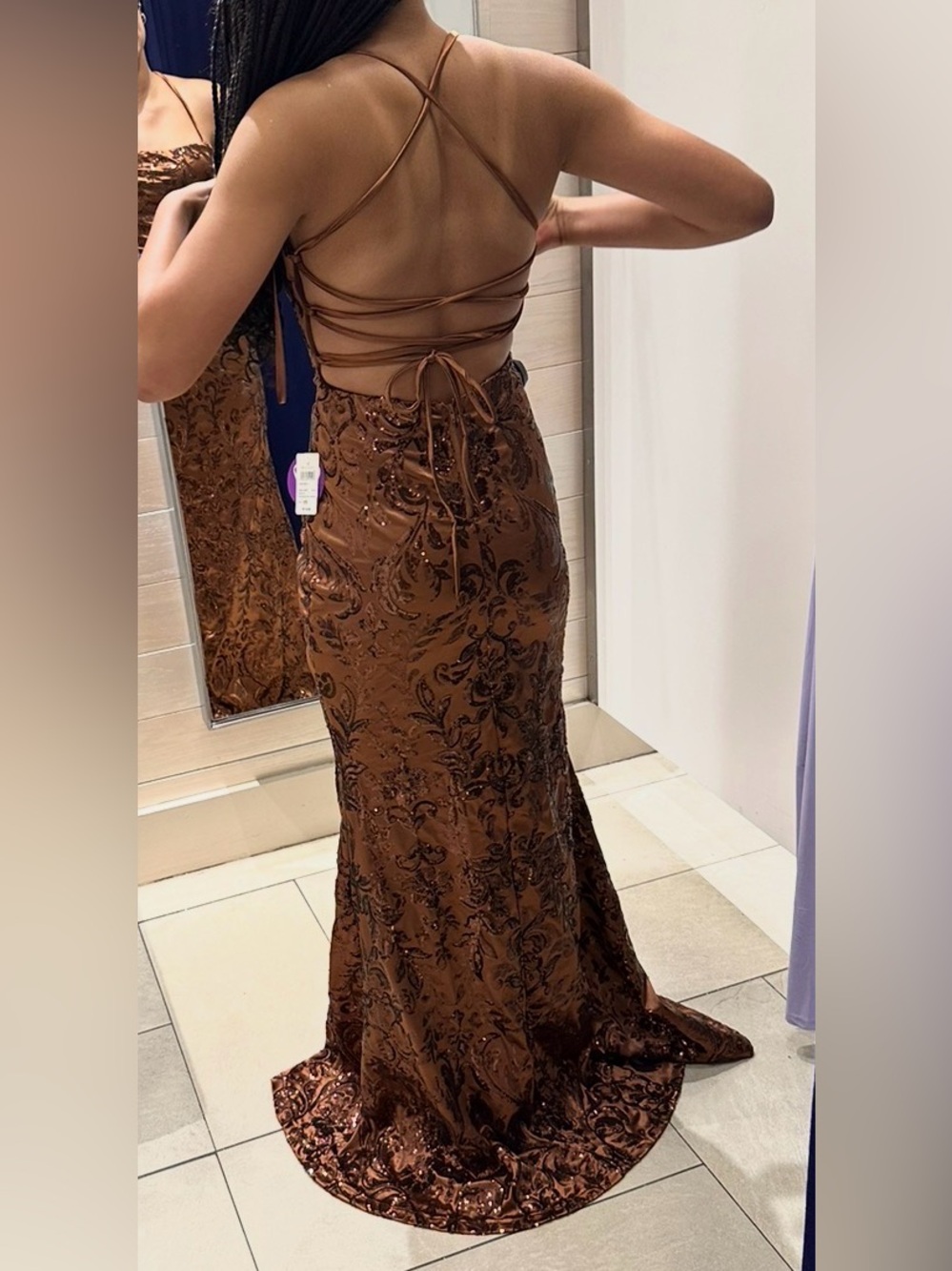Windsor Brown Jacquard Halter Prom Gown with Slit - Picture 3 of 3